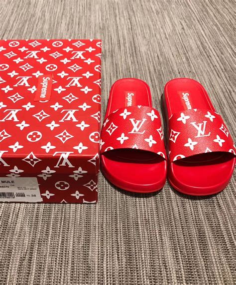 red lv supreme slides|supreme x louis vuitton collection.